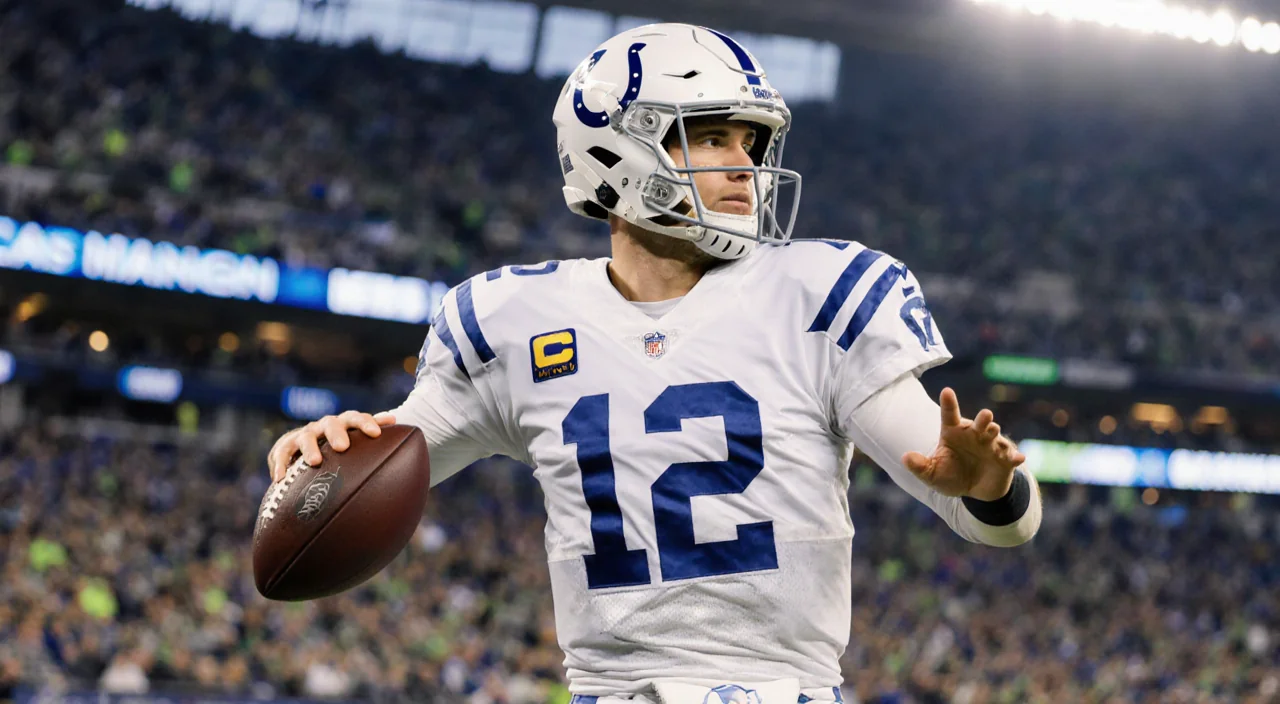 Philip Rivers standing on field with Colts jersey and helmet holding football focused with packed crowd behind.