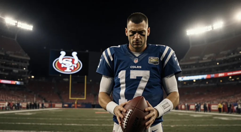 Philip Rivers in a Colts jersey holding a dropped ball with dimly lit football field and 49ers logo behind him