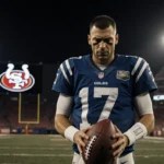 Philip Rivers in a Colts jersey holding a dropped ball with dimly lit football field and 49ers logo behind him