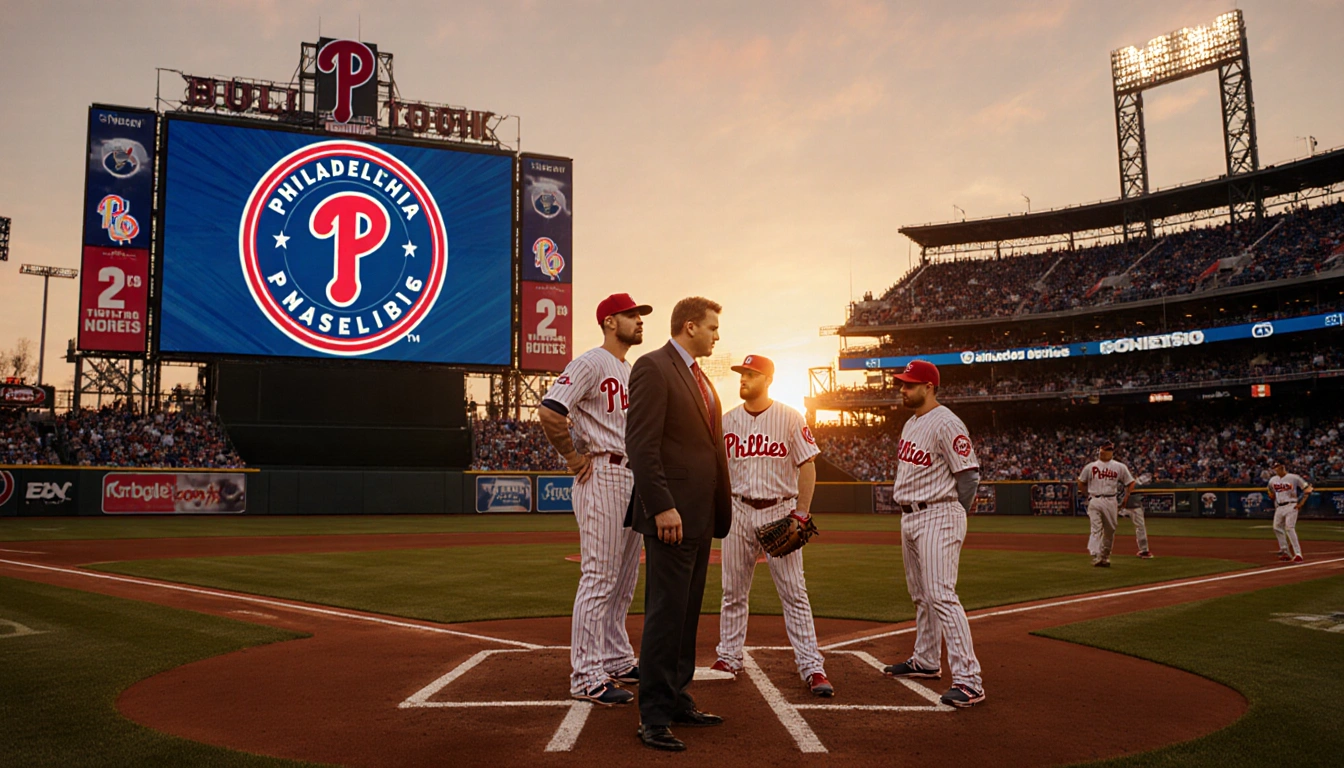Pitcher Zach Pop stands with glove and manager guiding team at sunset stadium with Phillies logo and strategy session