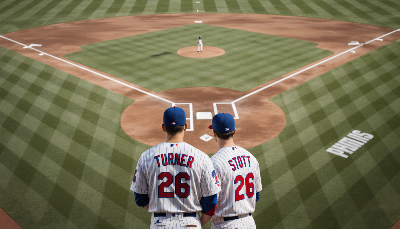 Trea Turner and Bryson Stott stand shoulder‑to‑shoulder near an empty catcher’s box with Phillies infield focus.