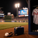 Baseball glove lies beside suitcase with Phillies stadium glowing behind it and Ketel Marte jersey hanging in distance