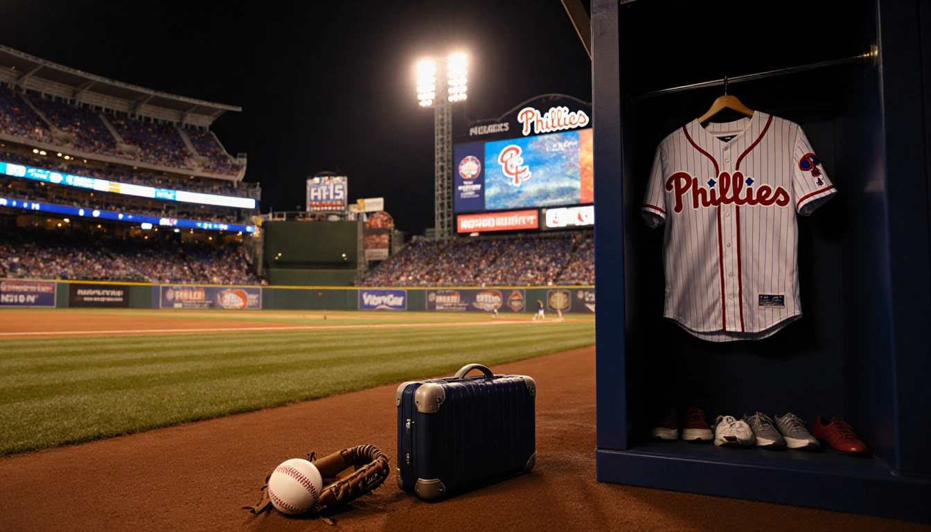 Baseball glove lies beside suitcase with Phillies stadium glowing behind it and Ketel Marte jersey hanging in distance