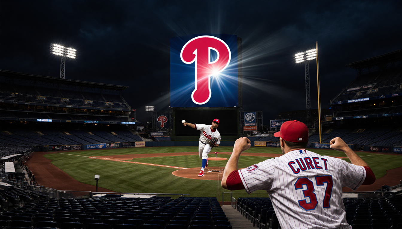 Yoniel Curet throws a fastball with a nighttime Phillies stadium backdrop and a lone fan cheering
