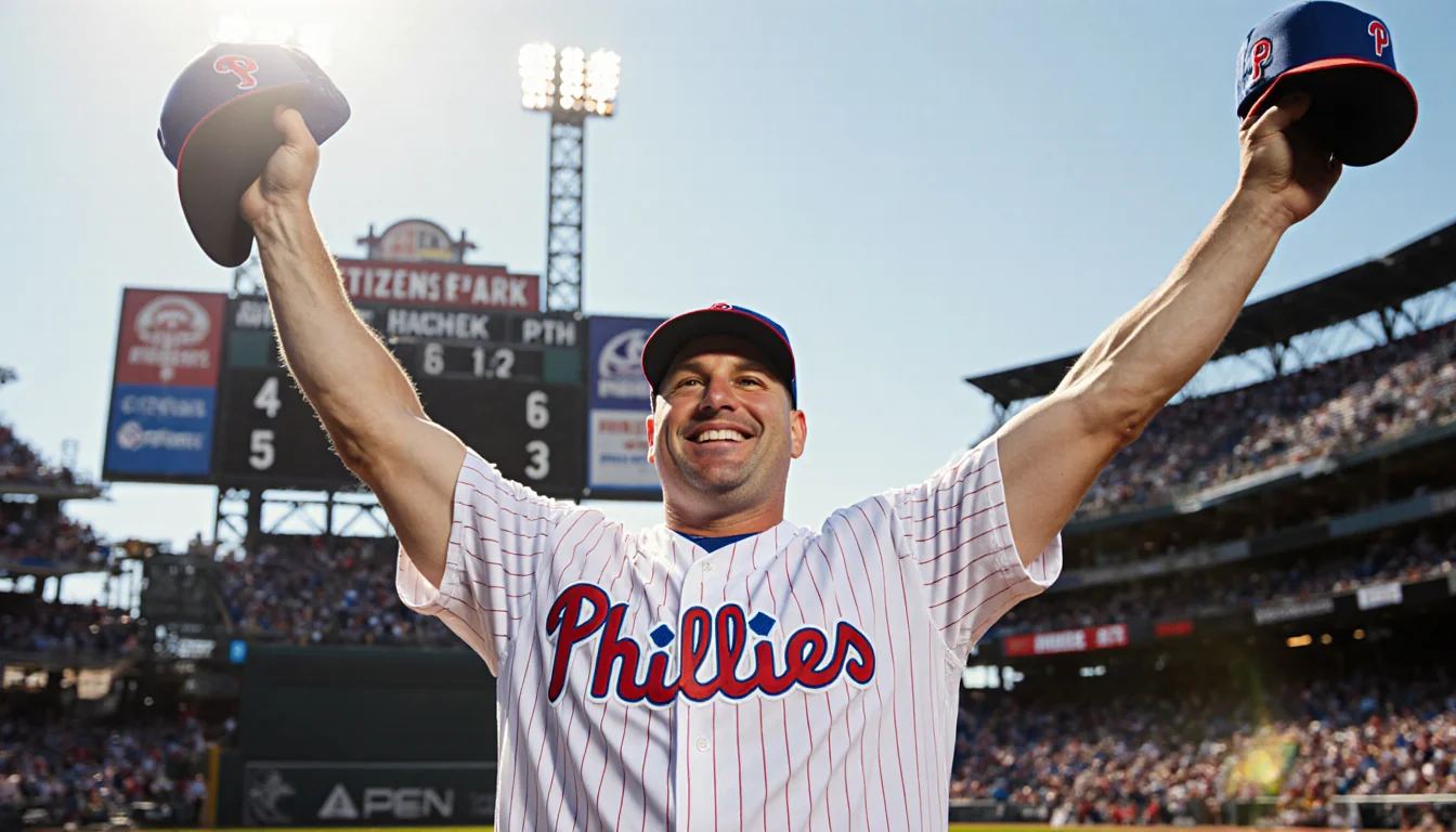 Rob Thomson triumphantly raises arms behind home plate with a beaming smile and a scoreboard reading Phillies 4 opponent 3