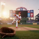 Zach Pop pitching with Phillies jersey and cap under dusk light while a baseball glove lies open on the field in the stadium