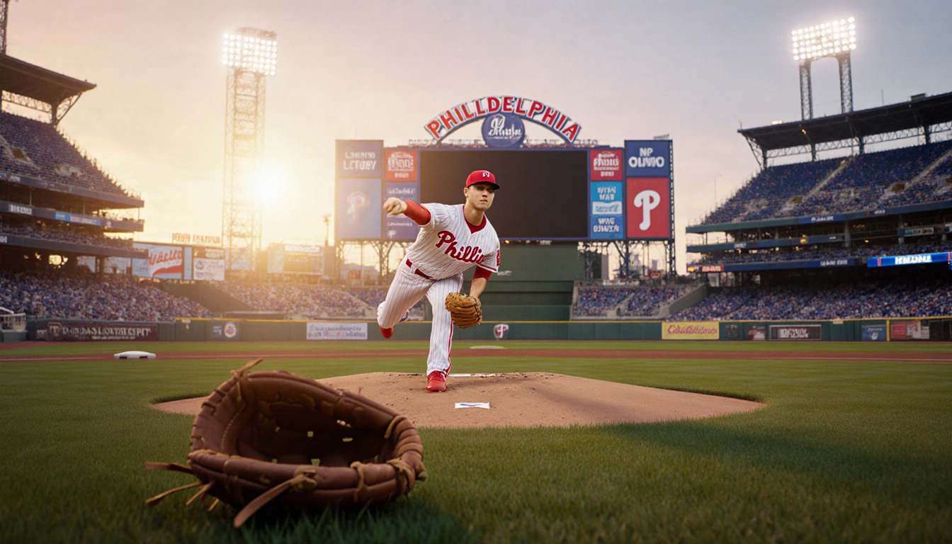 Zach Pop pitching with Phillies jersey and cap under dusk light while a baseball glove lies open on the field in the stadium