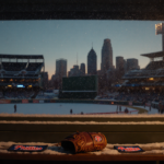 Vintage baseball glove resting on a worn bench with Phillies patches in a snowy concourse and a frost‑rimmed skyline in the b