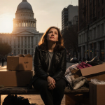 Woman sits on wooden bench with cardboard boxes and City Hall looming behind in Philadelphia warm golden light