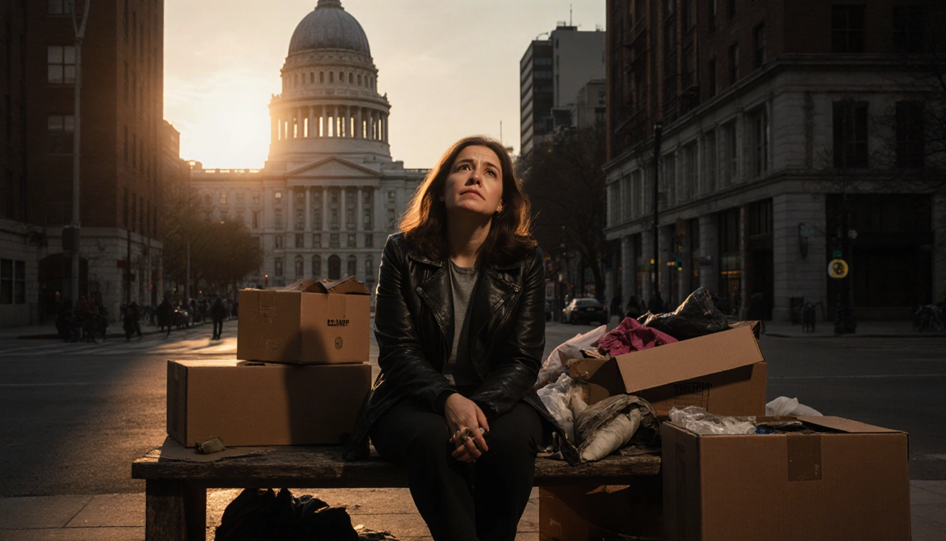 Woman sits on wooden bench with cardboard boxes and City Hall looming behind in Philadelphia warm golden light