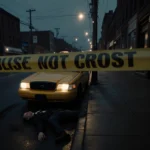 Yellow cab surrounded by police tape with broken headlight and shattered windshield on a rainy Philadelphia street.