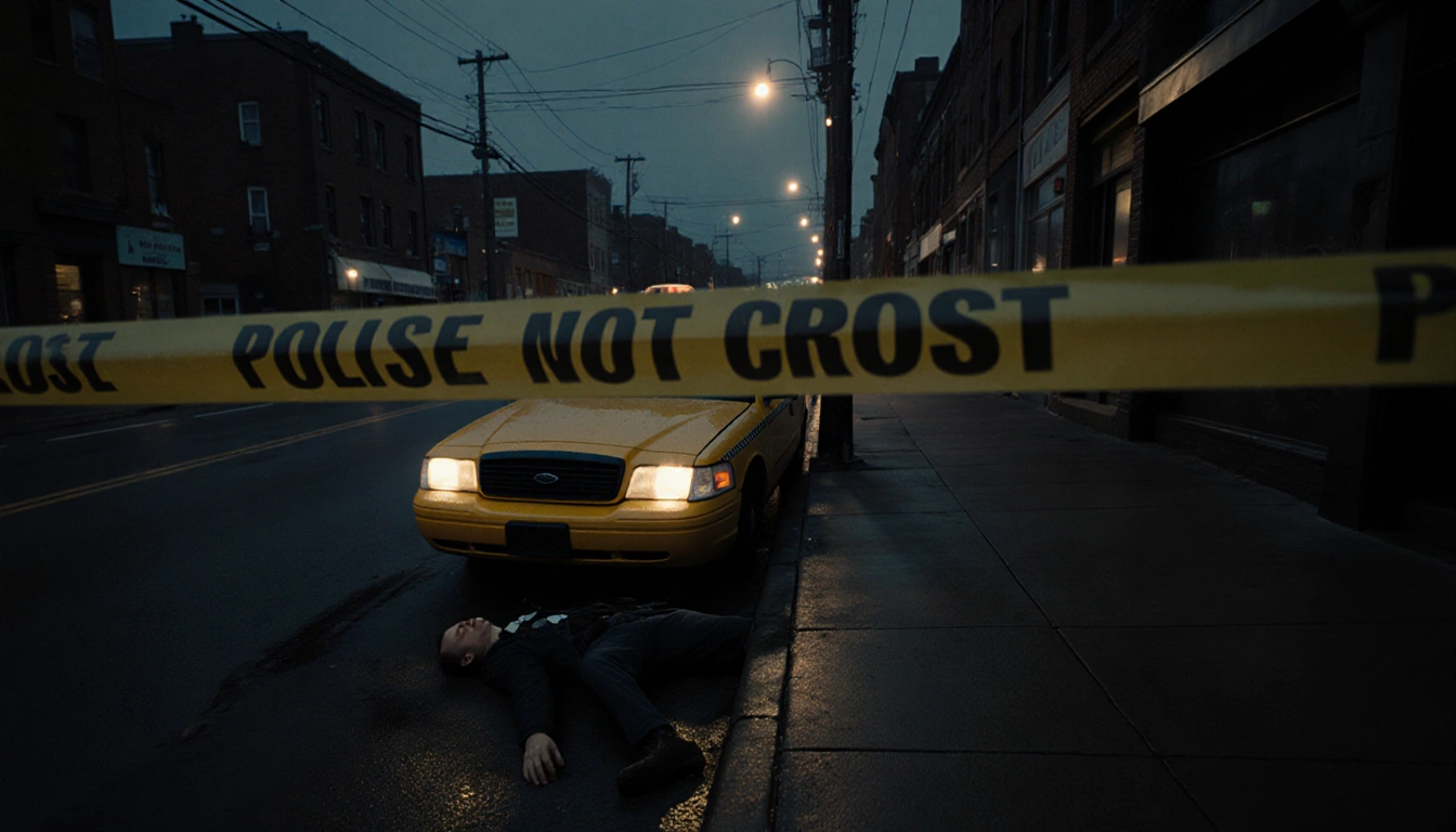 Yellow cab surrounded by police tape with broken headlight and shattered windshield on a rainy Philadelphia street.