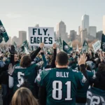 Eagles fans cheering with flags and banners while holding signs near Lincoln Financial Field and the Philly skyline.