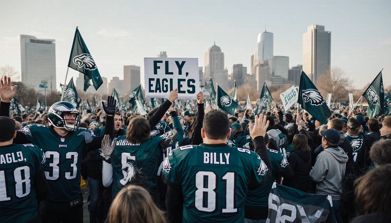 Eagles fans cheering with flags and banners while holding signs near Lincoln Financial Field and the Philly skyline.