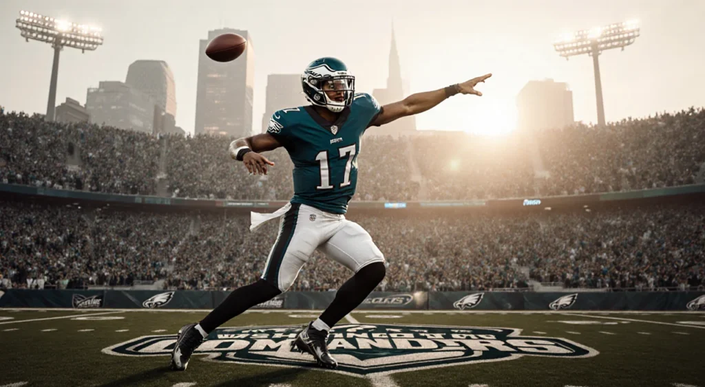 Quarterback Jalen Hurts launches a spiral pass with a cheering crowd in midnight green and white and Philadelphia skyline.