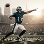 Quarterback Jalen Hurts launches a spiral pass with a cheering crowd in midnight green and white and Philadelphia skyline.