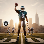 Jalen Hurts holding football aloft with sunset glow over Lincoln Financial Field and Philadelphia skyline