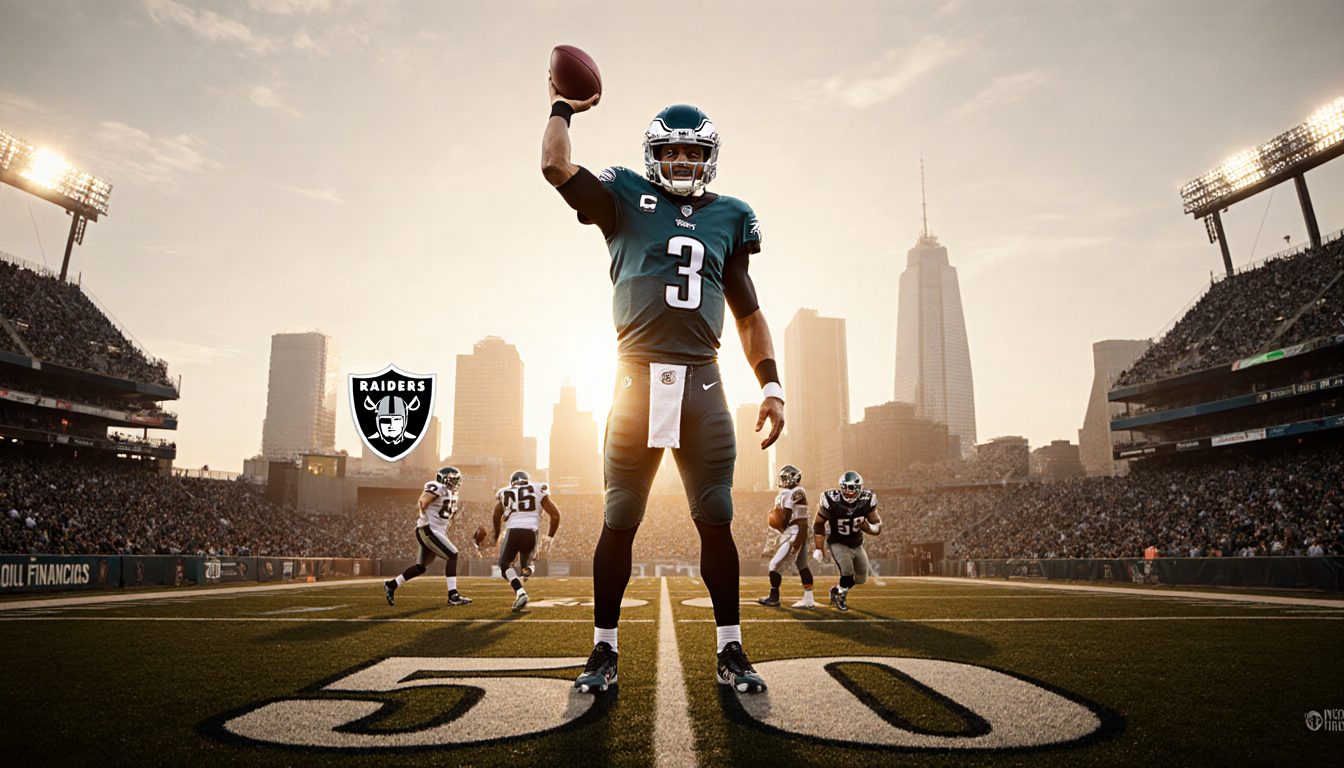 Jalen Hurts holding football aloft with sunset glow over Lincoln Financial Field and Philadelphia skyline