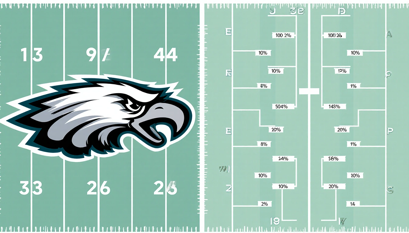 Split-screen comparing Eagles seed line with logo and 3rd place spot and bracket model of playoff scenarios with odds percent
