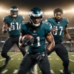 Philadelphia Eagles trio holding a football with Jalen Carter blocking and Cam Jurgens pointing toward camera on field