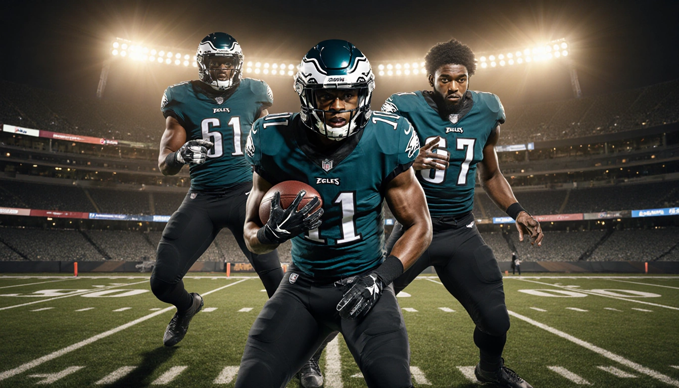 Philadelphia Eagles trio holding a football with Jalen Carter blocking and Cam Jurgens pointing toward camera on field