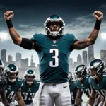 Jalen Hurts rallies the Eagles in a victory formation with A.J. Brown raising his arms and stadium lights shining on the team