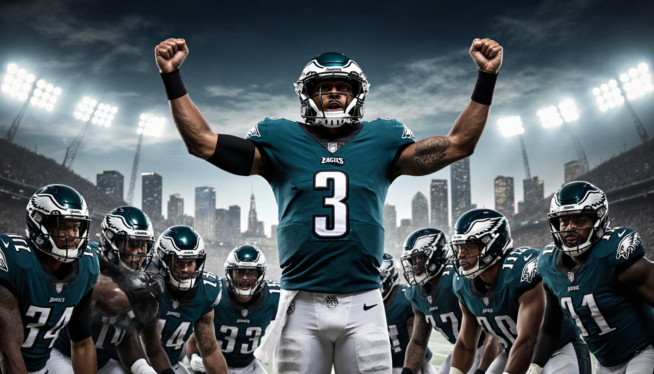 Jalen Hurts rallies the Eagles in a victory formation with A.J. Brown raising his arms and stadium lights shining on the team