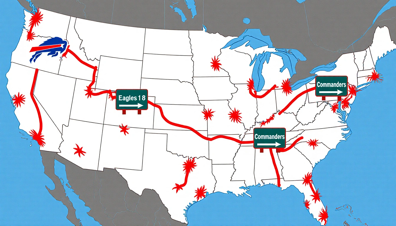 Philadelphia Eagles Week 18 schedule maps over US with red highways and Bills and Commanders road signs and Chicago