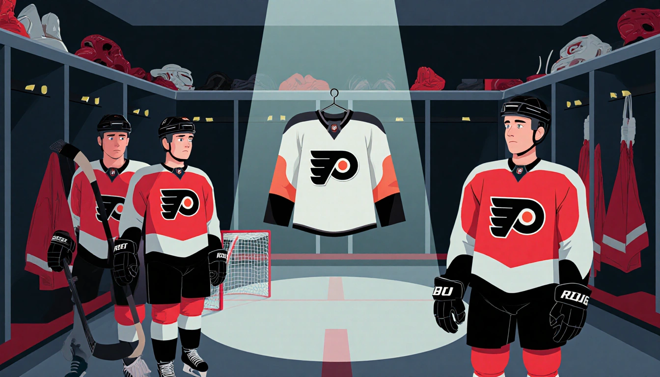Flyers players look toward empty hook where Foerster jersey hangs with gear and reds in locker room