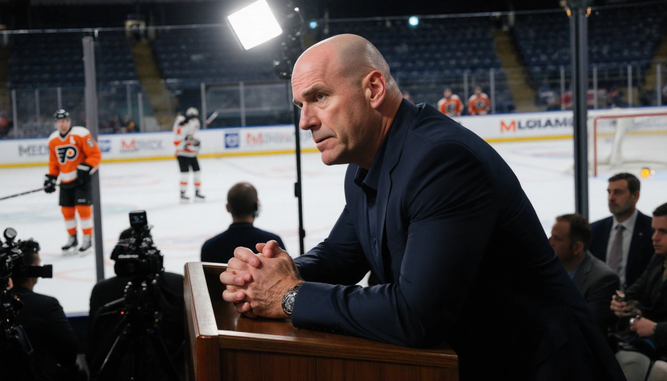 Rick Tocchet head coach delivering press conference with frustrated under spotlight and blurred Flyers practice rink