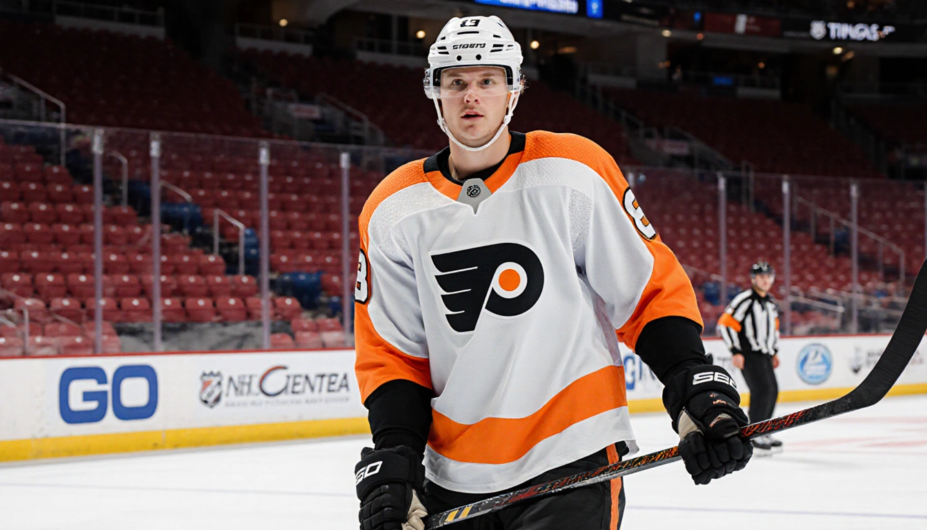 Rasmus Ristolainen standing on ice with Philadelphia Flyers jersey number 8 and hockey stick poised against Bell Centre backg