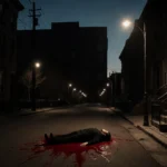 Lone figure lying motionless on street with crimson pool and brownstone silhouette in dark Philadelphia dusk.