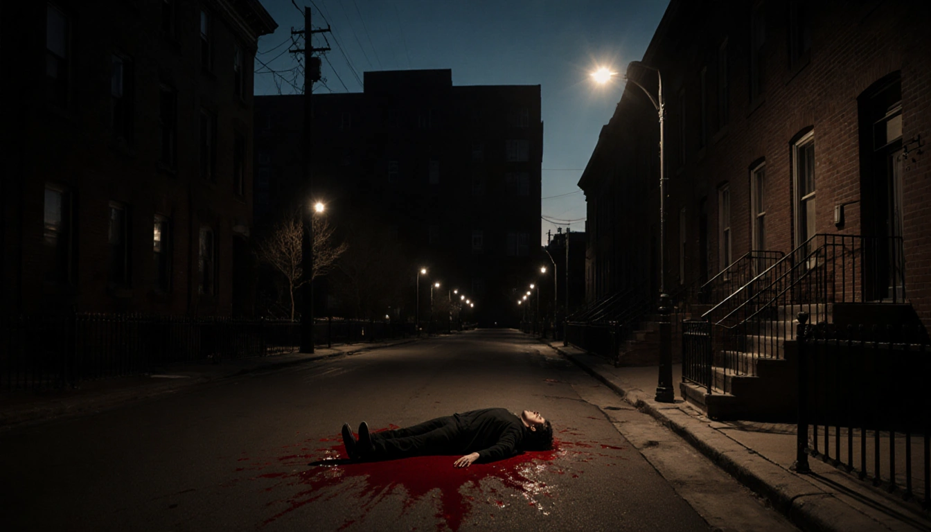 Lone figure lying motionless on street with crimson pool and brownstone silhouette in dark Philadelphia dusk.