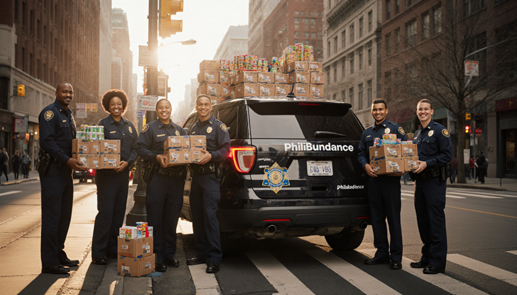 Police vehicle loaded with food boxes and diverse officers smiling near a bustling city street
