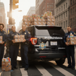 Police vehicle loaded with food boxes and diverse officers smiling near a bustling city street