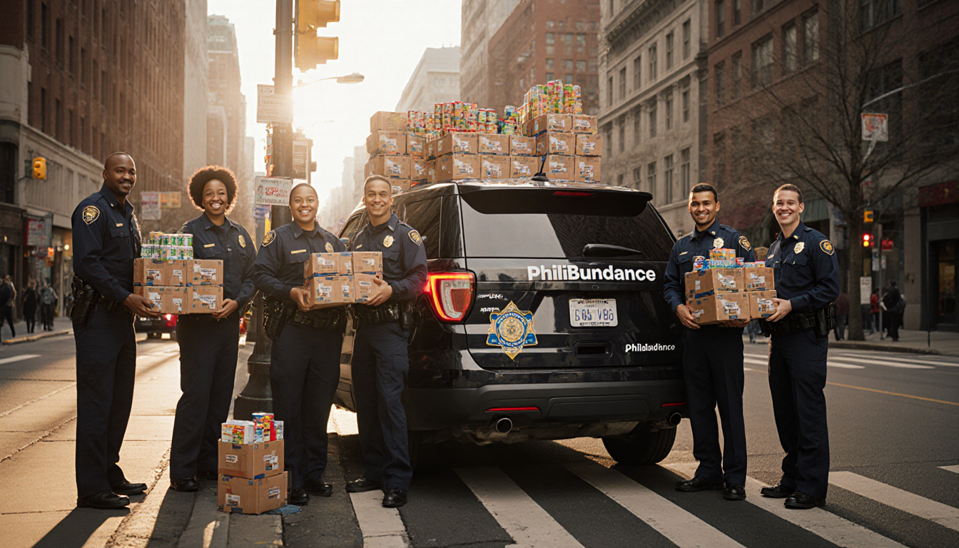 Police vehicle loaded with food boxes and diverse officers smiling near a bustling city street