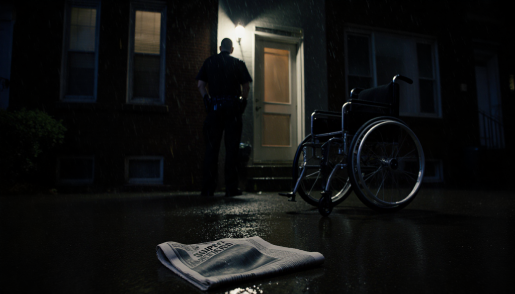 Police officer stands at home with newspaper reading Suspect Identified on wet pavement and wheelchair with spinning wheels.