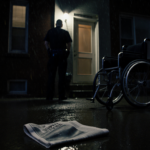 Police officer stands at home with newspaper reading Suspect Identified on wet pavement and wheelchair with spinning wheels.