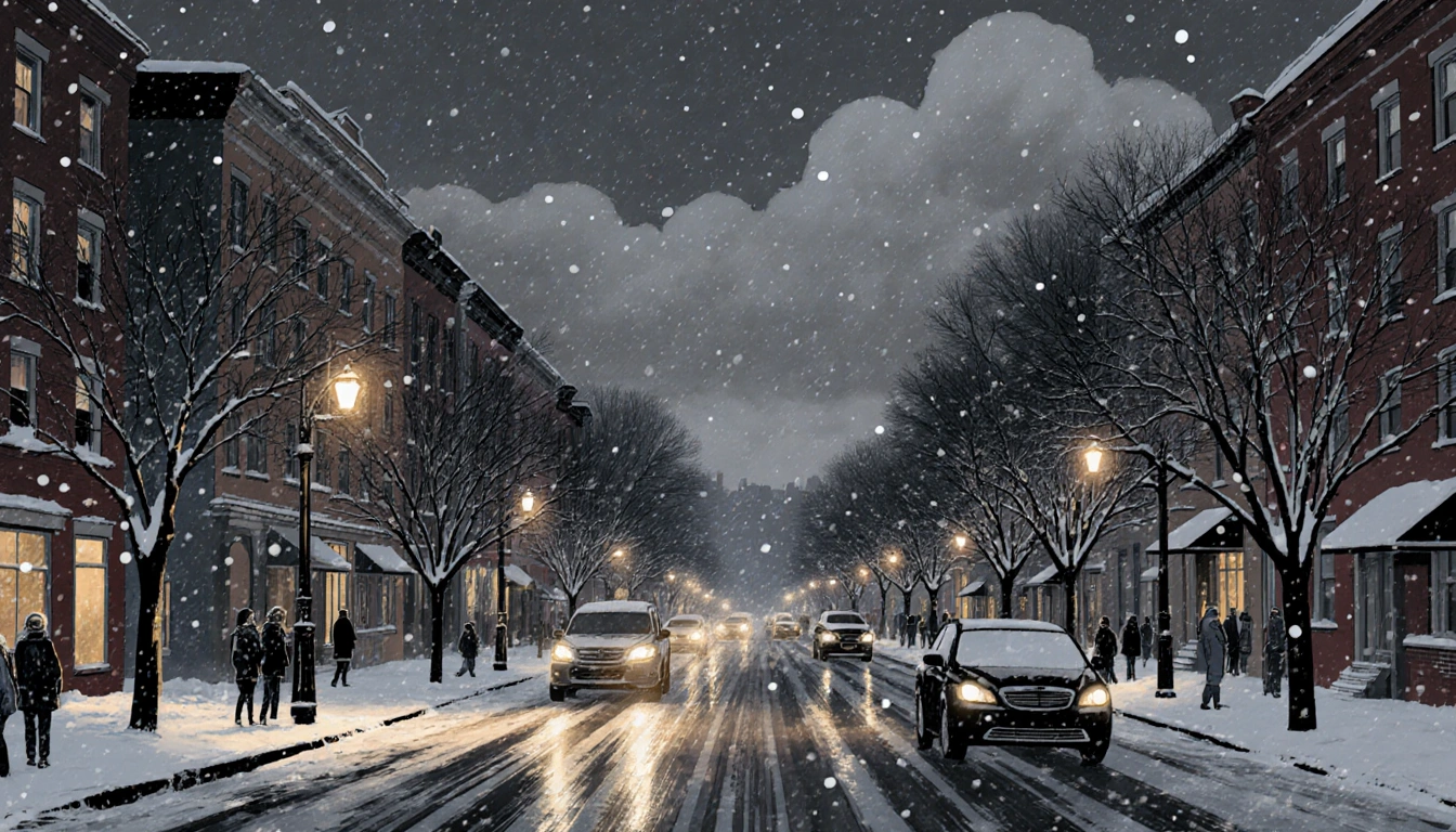 Cars drive cautiously through a snowy Philadelphia street at dusk with warm streetlights illuminating wet pavement
