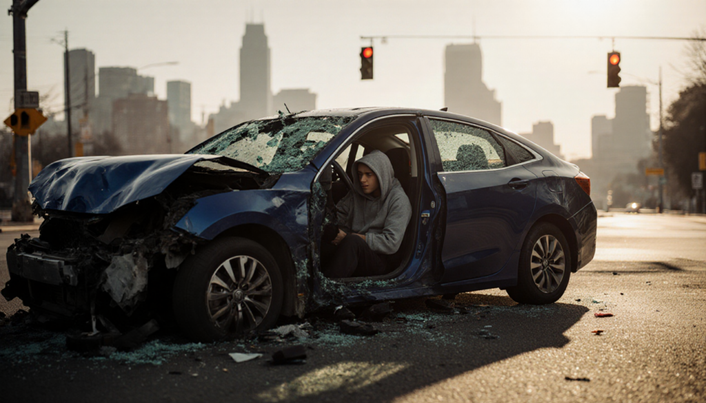 Young driver slumps in a dark blue sedan crash with sunlit shadows and blurred Philadelphia skyscrapers