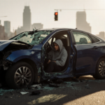 Young driver slumps in a dark blue sedan crash with sunlit shadows and blurred Philadelphia skyscrapers