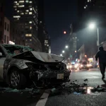 Police light shines on car with twisted metal in Philadelphia streets and hoodie figure fleeing.