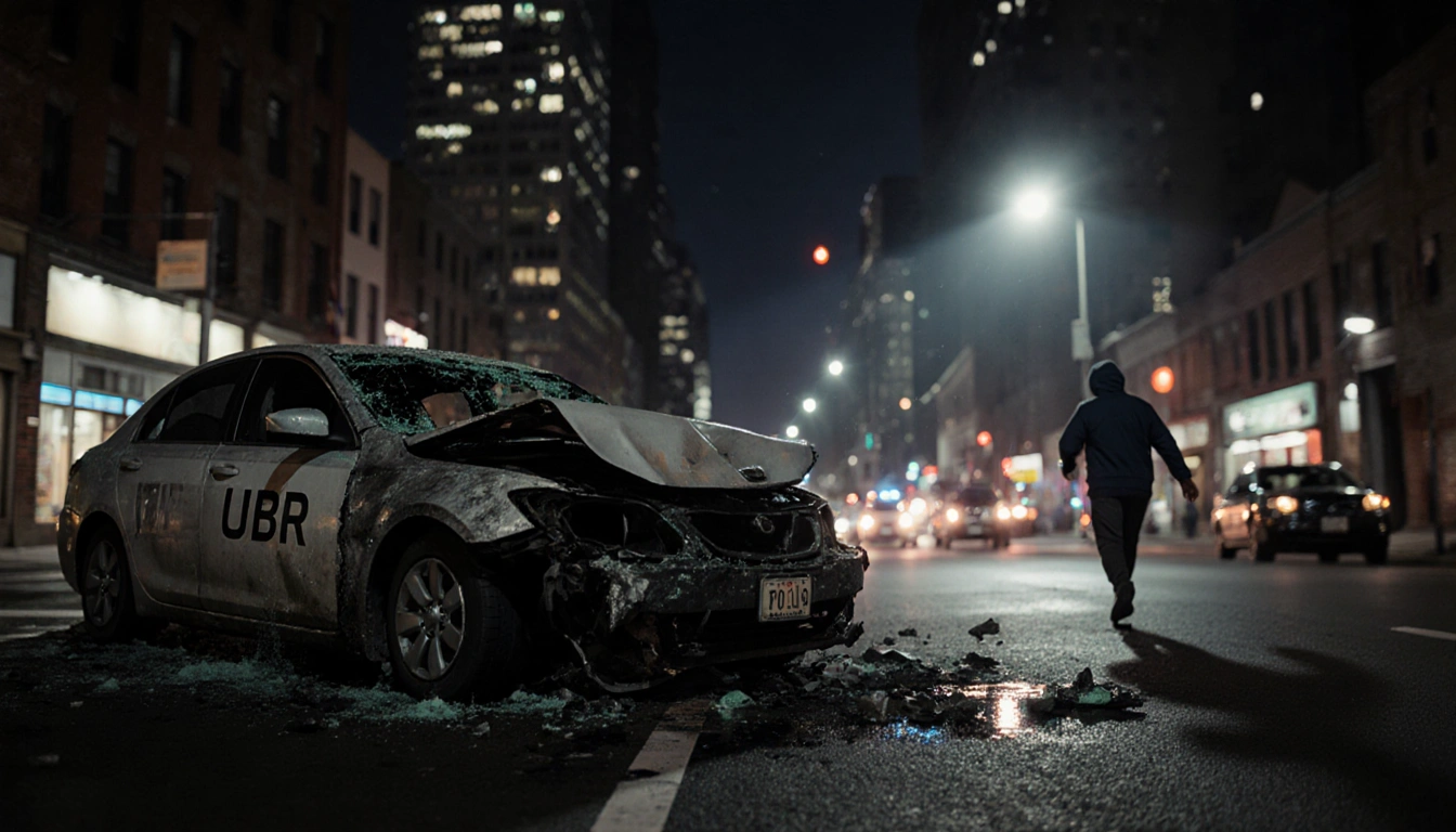 Police light shines on car with twisted metal in Philadelphia streets and hoodie figure fleeing.