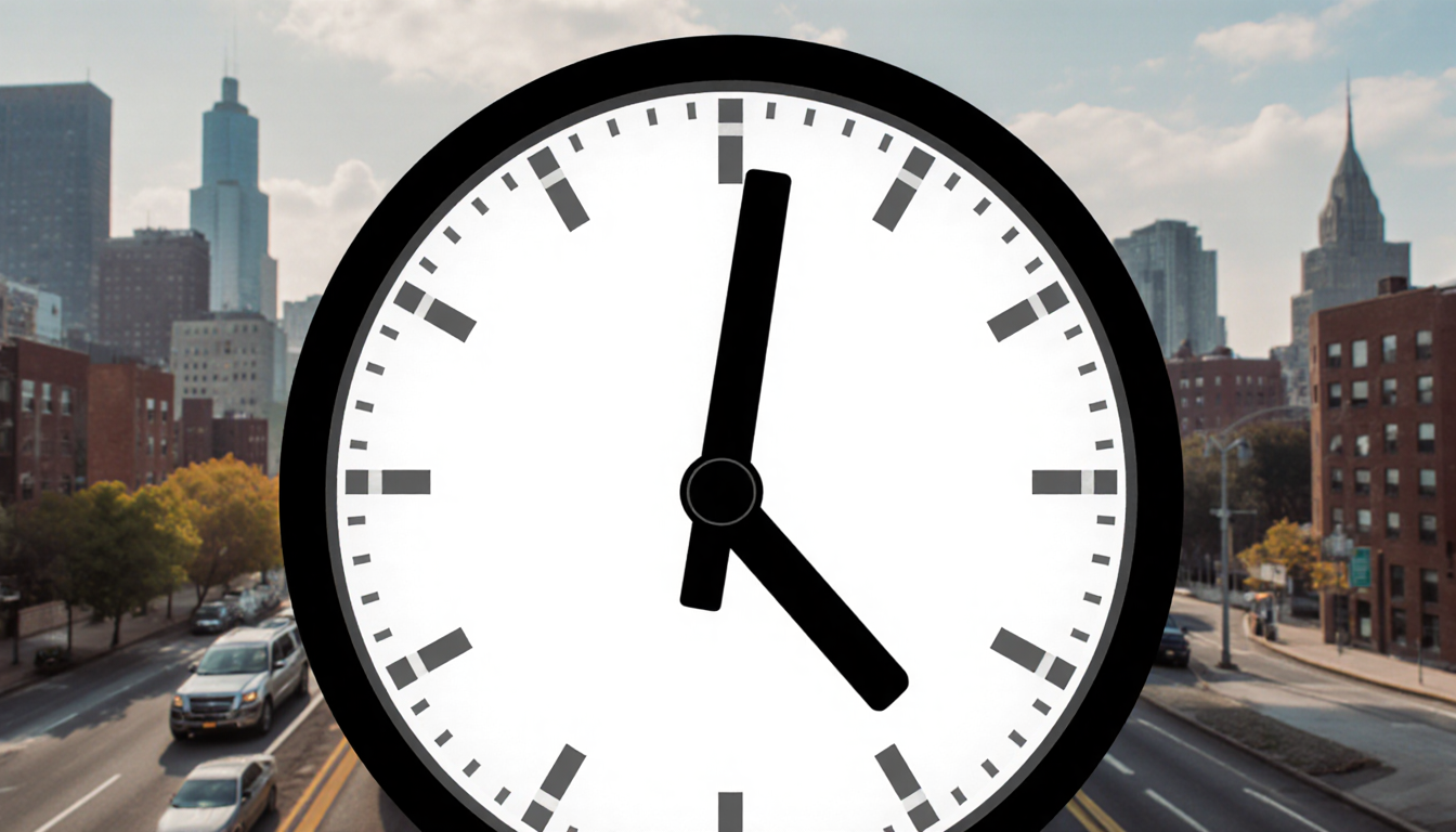 Clock strikes 9:57 a.m. with hands at 9:57 and a faint Vine Street crash outline over blurred Philadelphia skyline