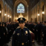 Police officer standing at attention beside casket with cathedral arches and warm golden light in background
