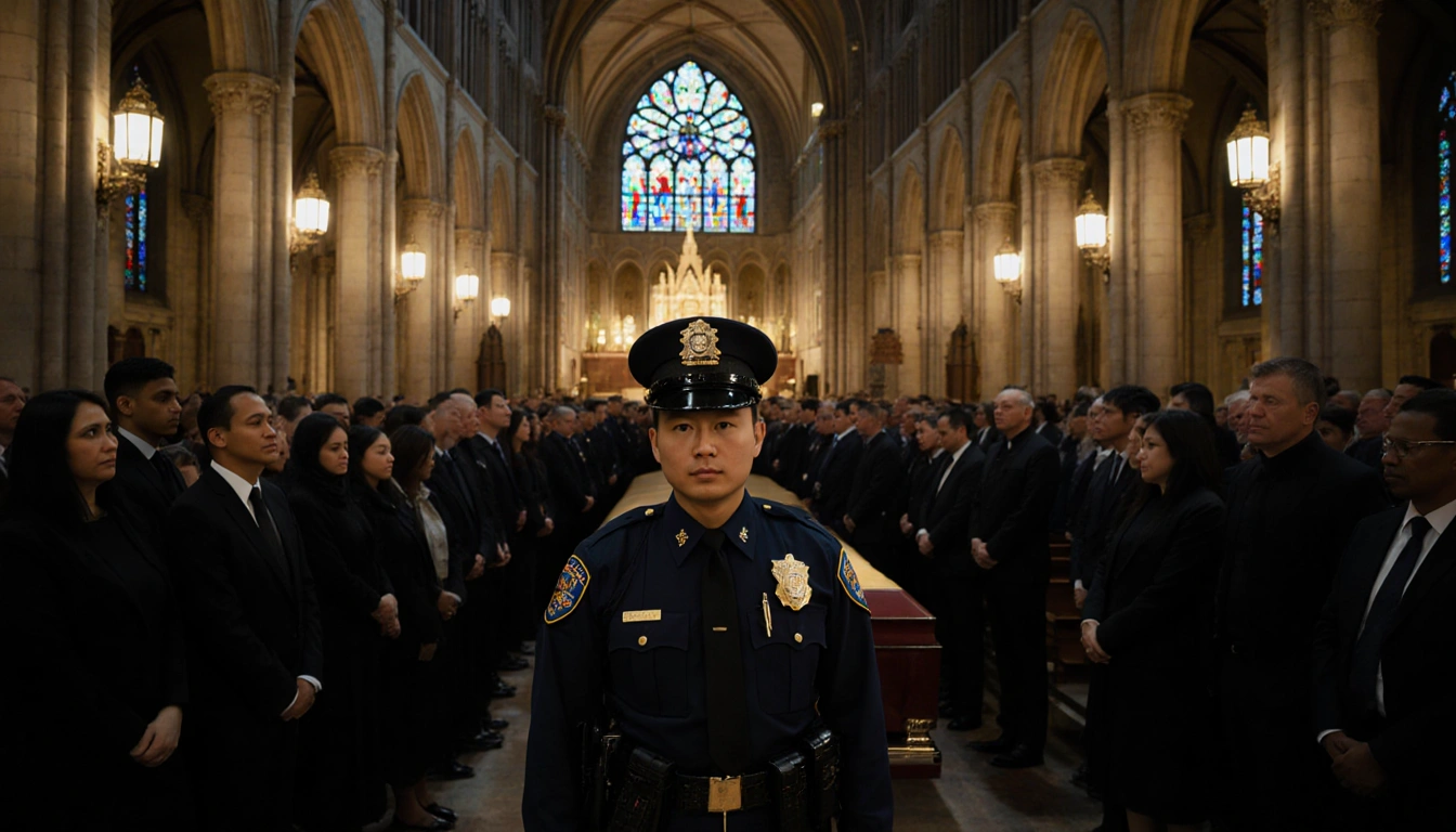 Police officer standing at attention beside casket with cathedral arches and warm golden light in background
