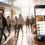 Tech‑savvy passengers walking toward a food court with a smartphone showing the mobile ordering app in an airport terminal