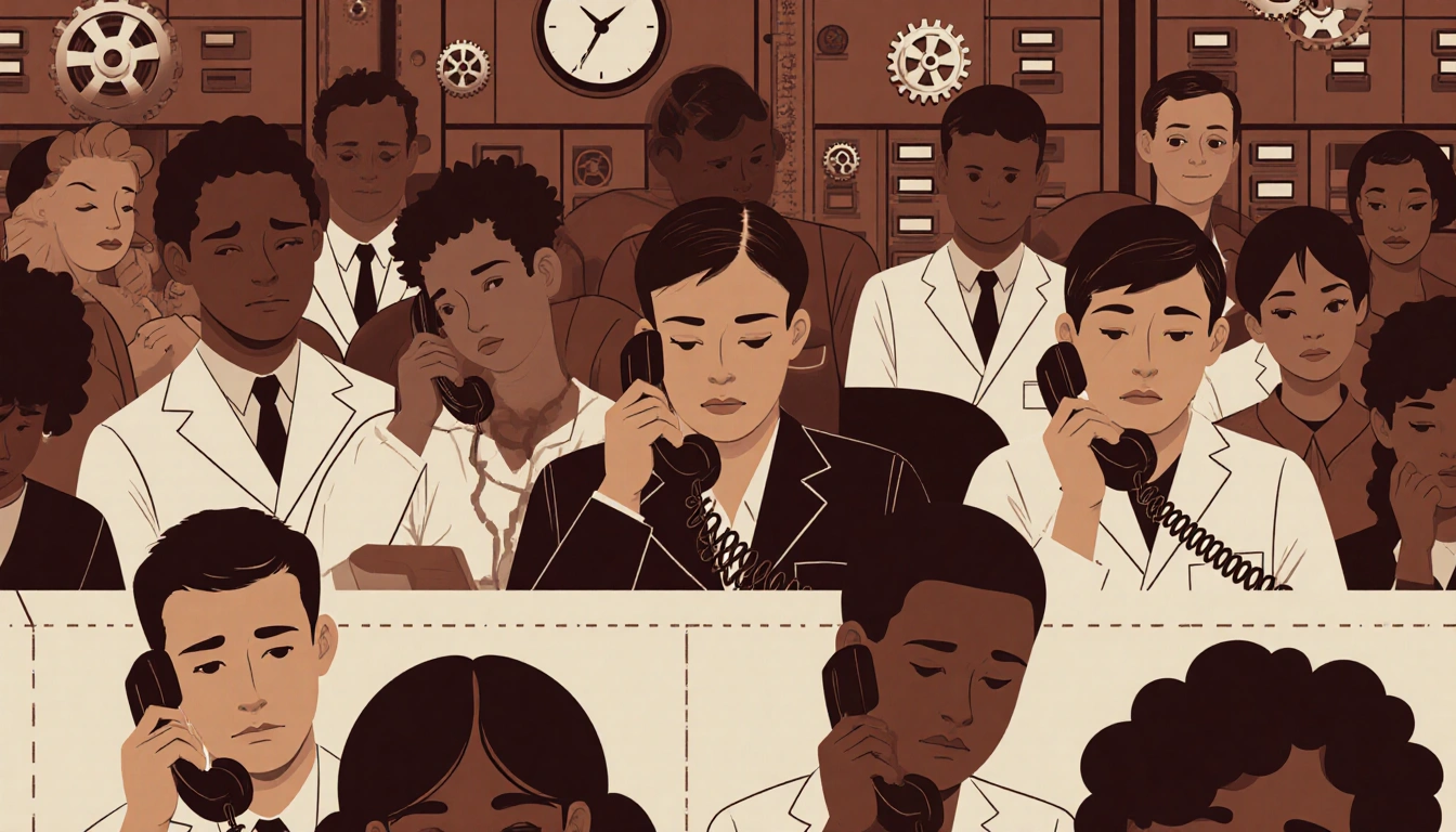 Anxious callers pleading their cases with phones while doctors in white coats watch and clockwork mechanisms suggest bureaucr