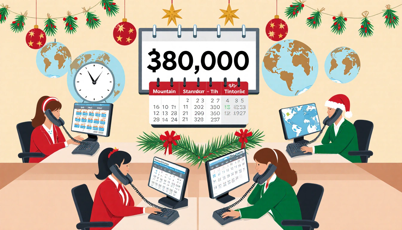 Phone operator answering calls with ringing phones and a screen showing 380,000 calls and a calendar