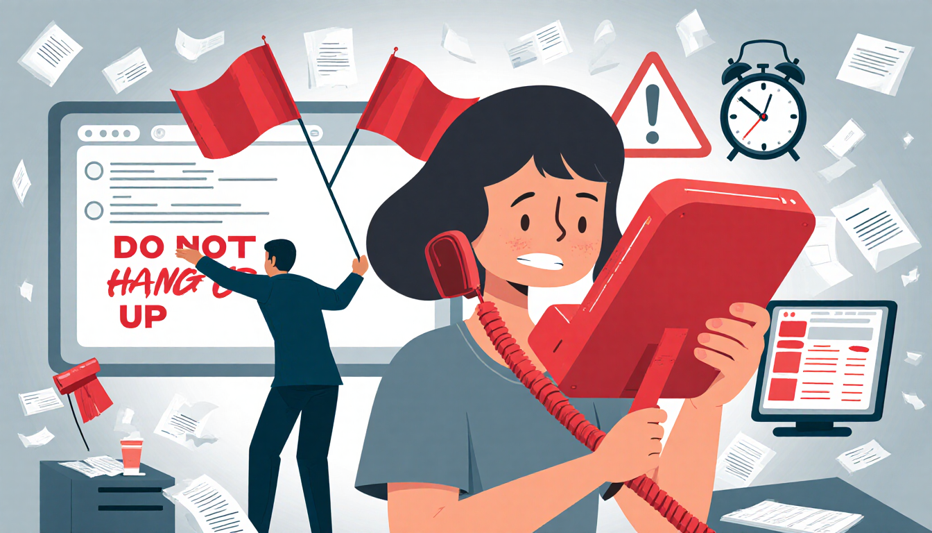 Person hesitantly holding up phone with worried expression near red flags in cluttered office